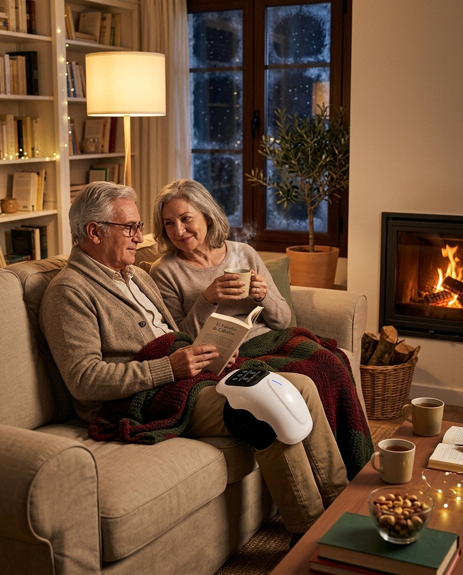 Pareja en casa en invierno con el masajeador